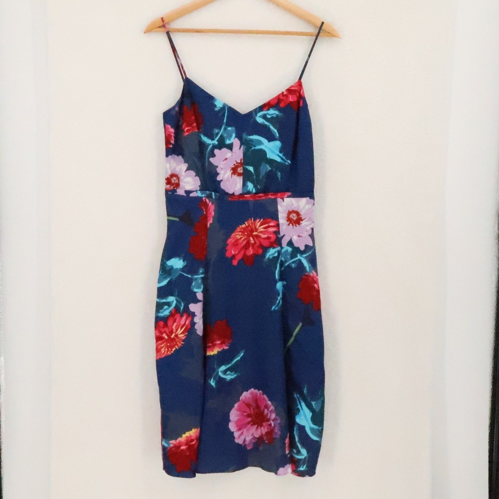 Banana Republic Floral Midi Dress Womens Size 4 Blue Linen Blend Pockets Party